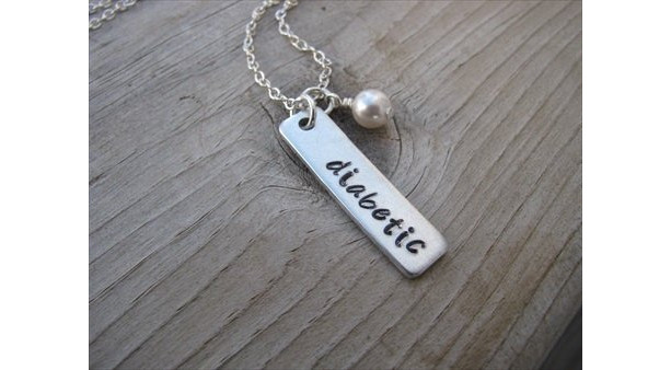 Diabetic Necklace- Hand-Stamped Medical Alert Necklace-brushed silver rectangle " diabetic" and an accent bead of your choice