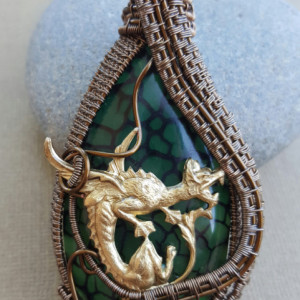 Wire Wrapped Unisex Dragon Vein Agate with Brass Dragon Pendant