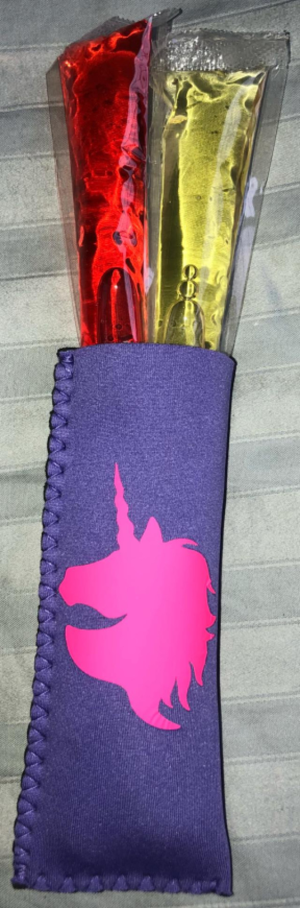 Purple Neoprene Freeze Pop Holder with Pink Unicorn and 2 freeze pops handmade