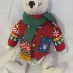 Handmade Stuffed Polar Bear in Christmas clothing