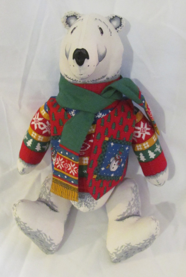 Handmade Stuffed Polar Bear in Christmas clothing