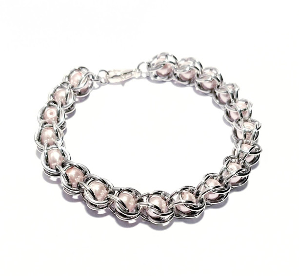 Light pink bracelet captured bead chainmaille