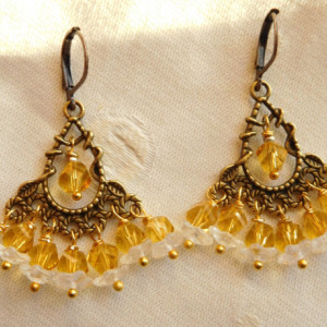 Bohemian Chandelier bronze tone earrings with amber crystal glass beads and flower crystal beads. E00288