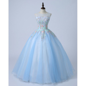 Ice Blue Tulle Embroidery Long Custom Made Evening Dress, Formal Dress