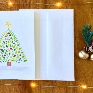 Set of 5 original Christmas tree holiday note cards, beautiful watercolor. Made with love.