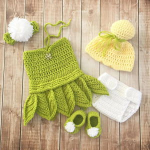 Tinkerbell Inspired Costume/Crochet Tinkerbell Dress/Tinkerbell Hat Wig/Peter Pan Inspired Photo Prop- MADE TO ORDER