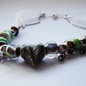 Euro Beaded Green  Glass Heart Leather Organza Ribbon Stainless Steel Chain Necklace 