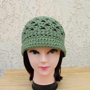 Solid Olive Green Summer Beach Sun Hat with Brim, 100% Cotton Lacy Cloche, Women's Crochet Knit Beanie, Lightweight Warm Weather Chemo Cap, Ready to Ship in 3 Days