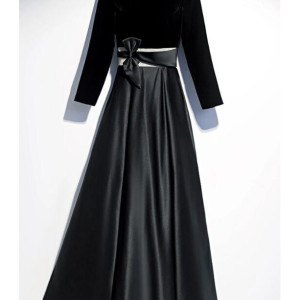 Black Satin Velvet Long Sleeve O Neck Prom Dress, Evening Dress With Bow