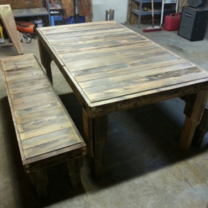 Large Natural Finish Reclaimed Fence Wood Kitchen Table with 2 Benches