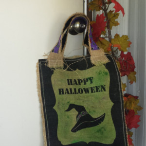 Green Painted printed burlap trick or treat Halloween bags