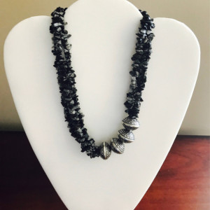 3 Strand Natural Snowflake Obsidian,Onyx,Silver Plated Rondelle Necklace