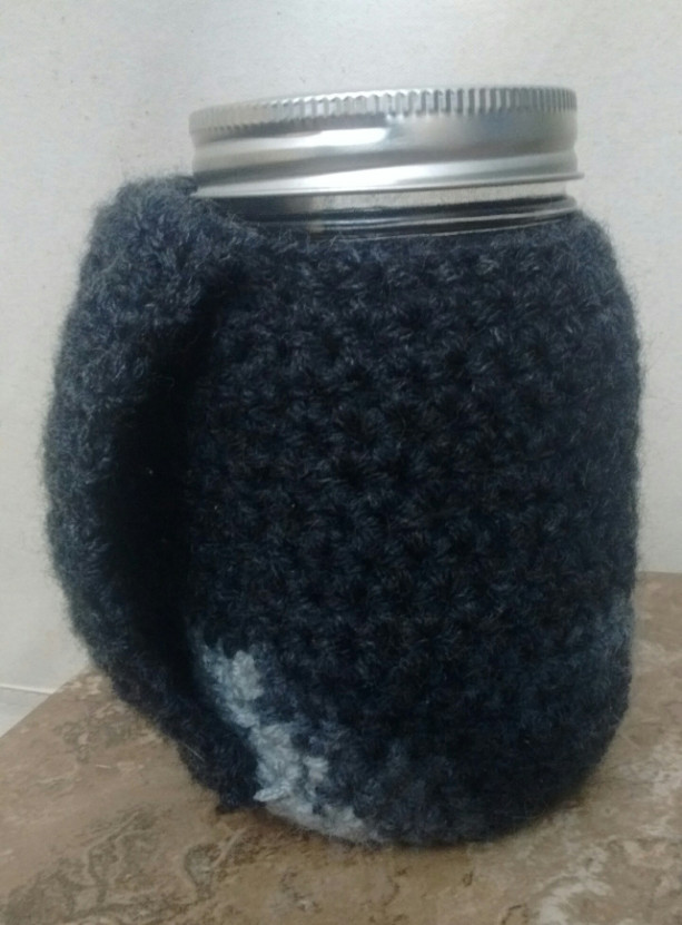 Mitten Mug - Charcoal grey crochet cozy with wide handle - comes with 16 oz / pint size Ball mason jar