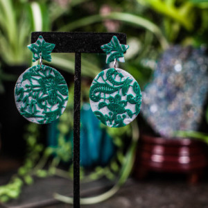 Green & grey polymer clay oval dangle earrings