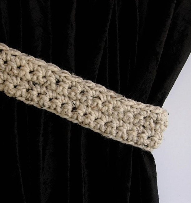 Handmade Crochet Curtain Tiebacks,Tie Backs Set, One Pair of Oatmeal Beige Light Brown Tweed, Color Options, Drapery Drapes Holders, Simple Tie Backs, Standard & Custom Sizes