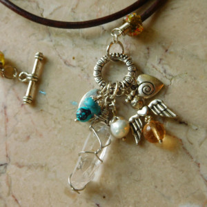 Brown leather Necklace with Quartz pendant and charms beads,  #N00138