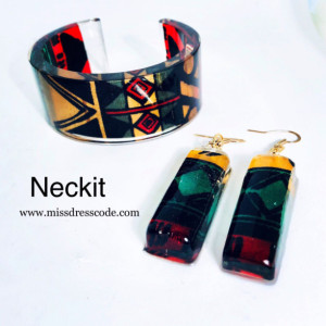 African Kente Print Fabric in Resin Cuff Bangle and Earrings
