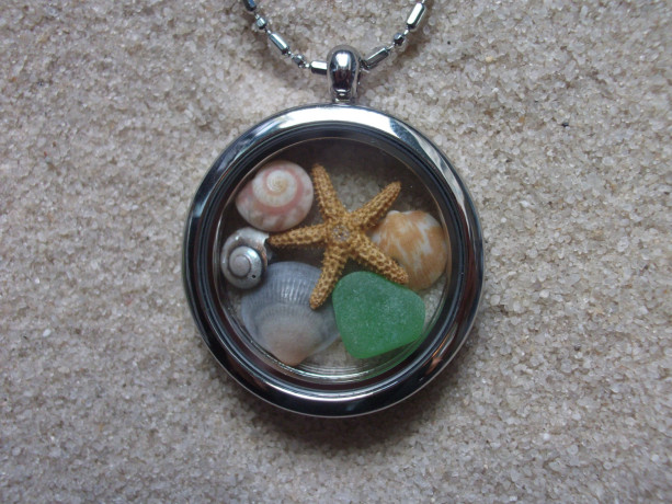 glass locket w. shells, sea glass & starfish