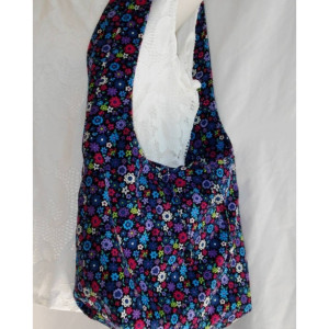 Purple flowered REVERSIBLE CORDUROY/FABRIC  Over the Shoulder Tote Bag with tie closure