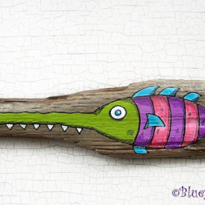 [SOLD] Hilarious SAW FiSH Hand Painted Driftwood Original Folk Art painting Whimsical Lake Erie Coastal Whimsy [SOLD]