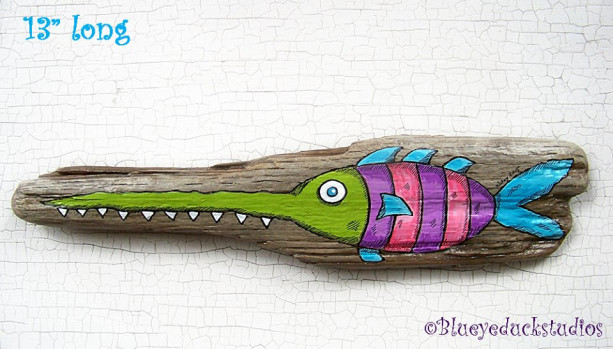 [SOLD] Hilarious SAW FiSH Hand Painted Driftwood Original Folk Art painting Whimsical Lake Erie Coastal Whimsy [SOLD]