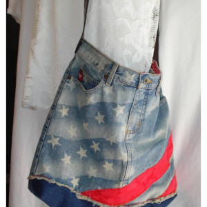 FOURTH OF JULY Hobo Tote Bag Over the Shoulder Bag with Leather Strap in Upcycled Jeans with Magnetic Closure