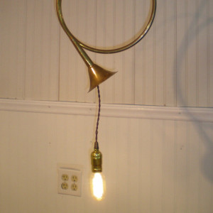 Repurposed Solid Brass French Horn Swag Lamp OOAK Shipping is FREE to U S Zip codes Made with vintage style Twisted Cloth Wire