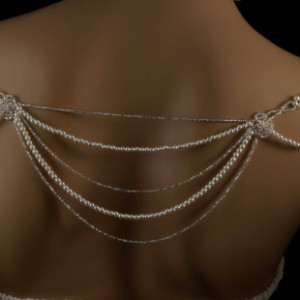 White patina Swarovski crystal pearl beaded bridal shoulder necklace. silver pearl shoulder necklace. crystal pearl bridal shoulder necklace