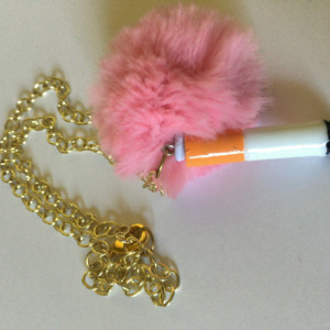 Fake Cigarette Butt and Pink Fur Pom Pom Gross Weird Harajuku Gold Chain Choker