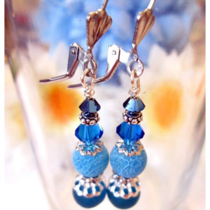 Royal Blue Lever Back Earrings. Dangle Beaded Earrings, Agate Earrings, Beaded Jewelry Sale, Gemstone Earrings, Blue Earrings Wedding, Sale