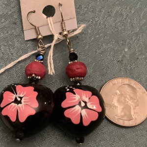 Authentic Hawaiian Kukui Nut Earrings Pink Flowers