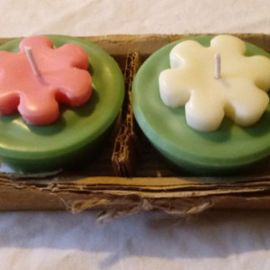 Two 3.5 oz “Groovy Gardenia” pink and white handmade soy candles