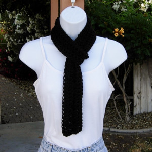 Women's Solid Black Lacy SUMMER INFINITY SCARF Small Cowl, Extra Soft Skinny Lightweight Crochet Knit Endless Loop, Lace Neck Tie..Ready to Ship in 3 days