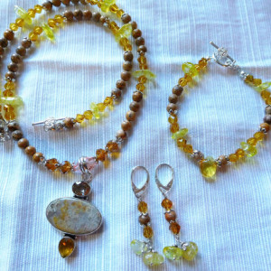 Jasper/citrine stone Necklace in the center Sterling Silver Overlay Coral fossil citrine stones pendant and matching earrings set.#NBES0104