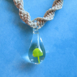 Handmade Natural Hemp Twist Necklace with Awesome Hand Blown Glass Yellow Mushroom Pendant- Custom Hemp Necklace