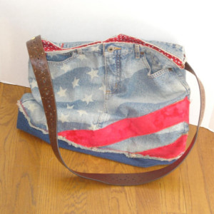 FOURTH OF JULY Hobo Tote Bag Over the Shoulder Bag with Leather Strap in Upcycled Jeans with Magnetic Closure