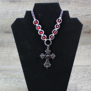 Cross and Spiral Chainmaille Necklace with Red Accent Beads