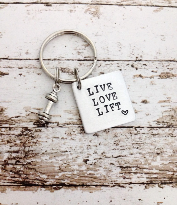 Live Love Lift, Weightlifting keychain, Hand stamped keychain, Barbell keychain, Fitness keychain, Fitness jewelry,