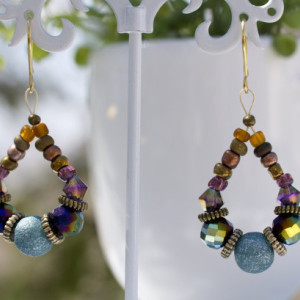 Oval Glass Earrings, Blue Earrings, Multi Color Beads