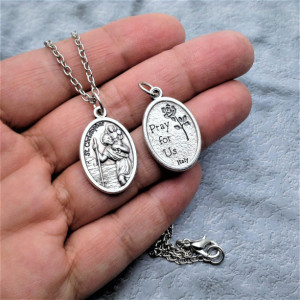 Personalized Silver Plated Saint Christopher Necklace. Patron Saint of Good Luck, Athletes, Travelers, and Sports 