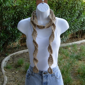 Light Khaki Brown Skinny SUMMER SCARF Small Soft 100% Cotton Spiral Knit Narrow Lightweight Solid Beige Crochet Necklace, Ready to Ship in 2 Days