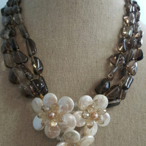 3 strands Smokey Coin Pearl Flowers
