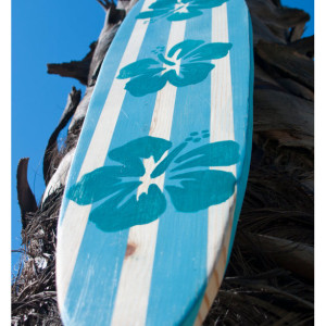 Light Blue / Aqua Hibiscus Flower - Hanging Surf Board Sign