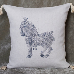 16" x 16" Percheron Horse Pillow! Decorative hand stamped grey horse canvas pillow cover with tassels
