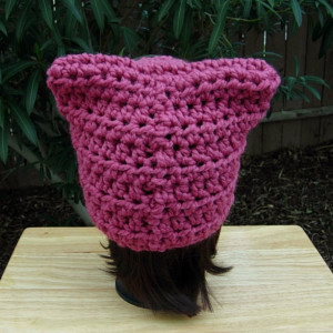 Dark Rose Raspberry Pink Pussy Cat Hat with Ears, PussyHat, Pussy Hat, Handmade Soft Wool Blend Winter Crochet Knit Solid Pink Beanie, Ready to Ship in 3 Days