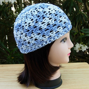 Denim Blue Summer Beanie, 100% Cotton Lacy Skull Cap, Women's Crochet Knit Light Blue Hat, Lightweight Chemo Cap, Ready to Ship in 3 Days