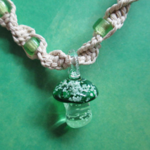 Handmade Natural Hemp Necklace with Awesome Green Glass Mushroom Pendant and Matching Green Glass Beads- Glass Glow Pendant
