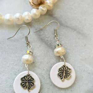 Lucky Dangle earrings - Four Leafs Clover charm earrings - White bridal earrings | Boho earrings