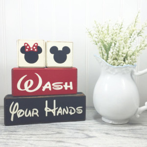 Mickey Mouse Minnie Mouse bathroom decor kids bath wash behind your ears, wash your hands stacking wood blocks distressed blocks disney bath
