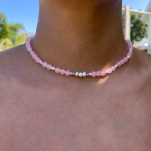 Pink Jade and Freshwater Pearl Beaded Necklace